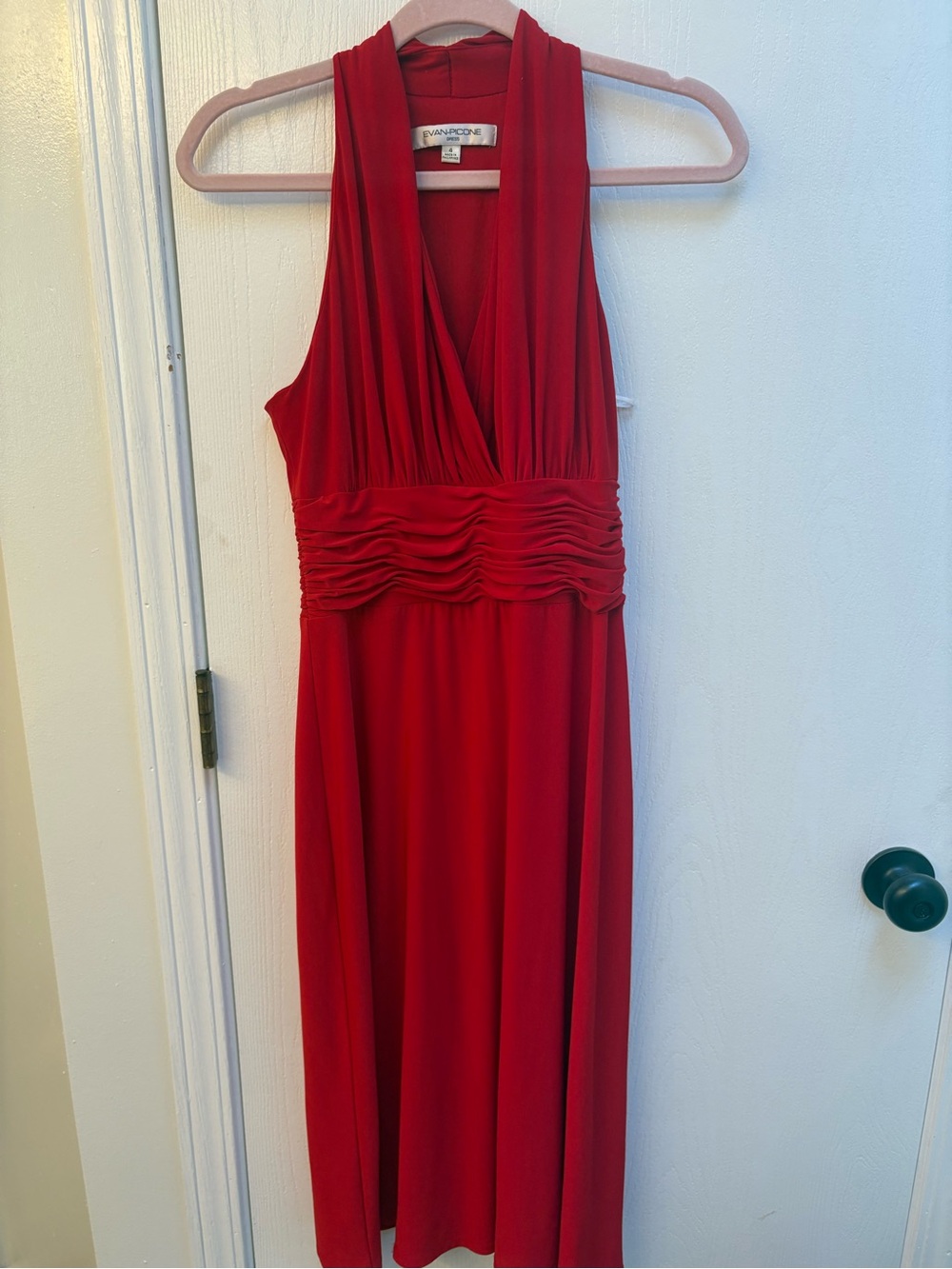 Evan Picone Vibrant Red Sleeveless V-Neck Ruched-Waist Midi Dress
